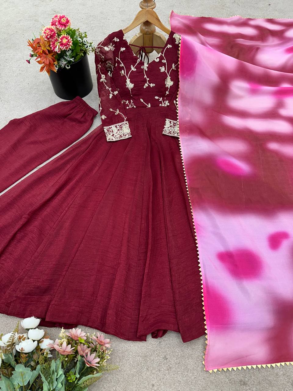 Party Wear Dark Pink Color Heavy Crunchy Silk Embroidered Gown