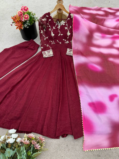 Party Wear Dark Pink Color Heavy Crunchy Silk Embroidered Gown