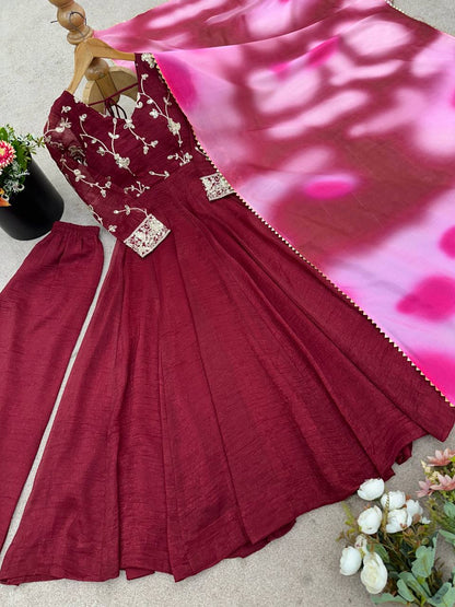 Party Wear Dark Pink Color Heavy Crunchy Silk Embroidered Gown