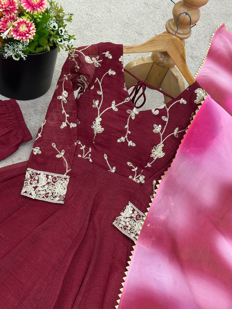 Party Wear Dark Pink Color Heavy Crunchy Silk Embroidered Gown