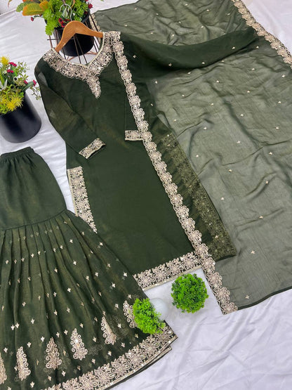 Reception Wear Mahendi Green Color Heavy Crunchy Silk With Heavy Embroidery Sequence Work Sharara Suit