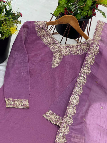 Reception Wear Lavender Color Heavy Crunchy Silk With Heavy Embroidery Sequence Work Sharara Suit