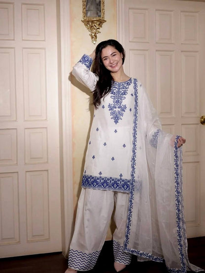 Festive Wear Sky Blue Color Cotton Farshi Suit With Silk Dupatta