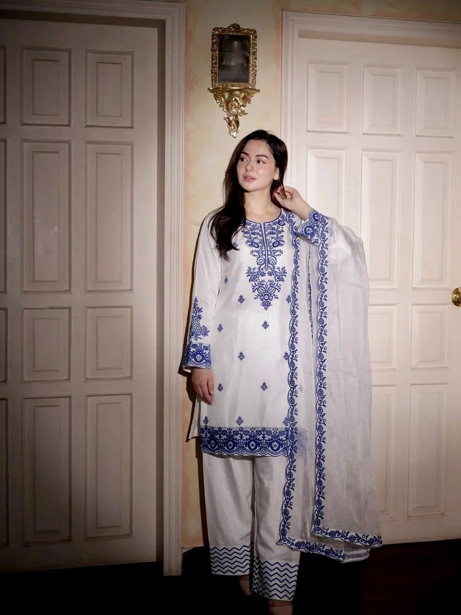 Festive Wear Sky Blue Color Cotton Farshi Suit With Silk Dupatta