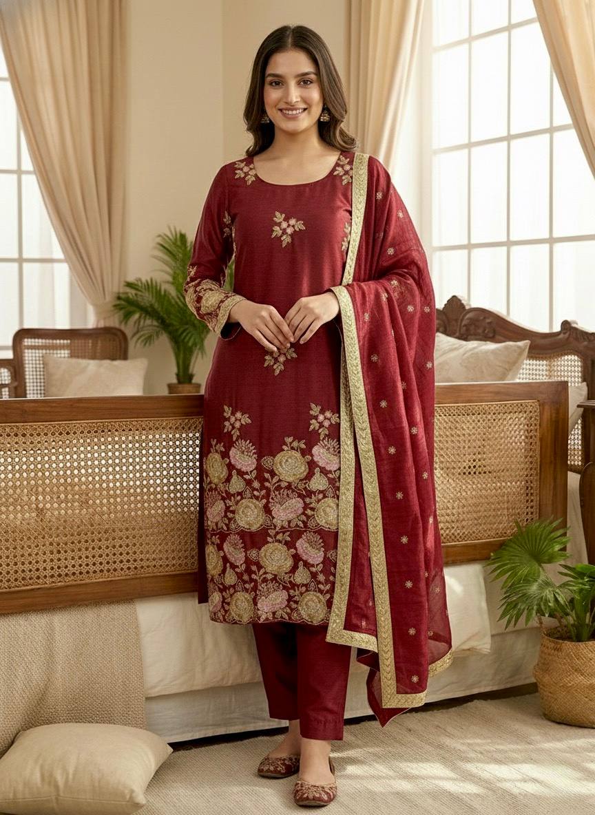 Elegant Maroon Color Embroidery Ready To Wear Palazzo Set