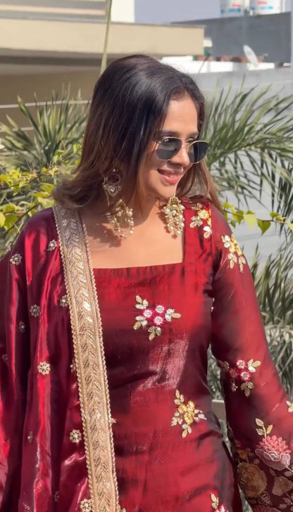 Elegant Maroon Color Embroidery Ready To Wear Palazzo Set