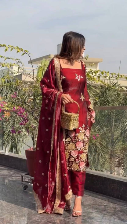 Elegant Maroon Color Embroidery Ready To Wear Palazzo Set