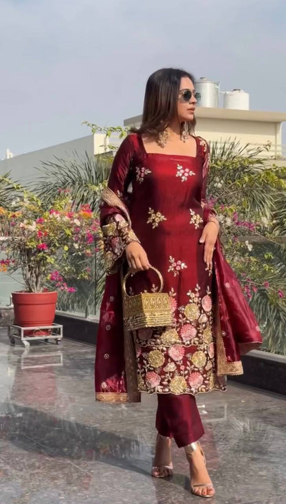 Elegant Maroon Color Embroidery Ready To Wear Palazzo Set