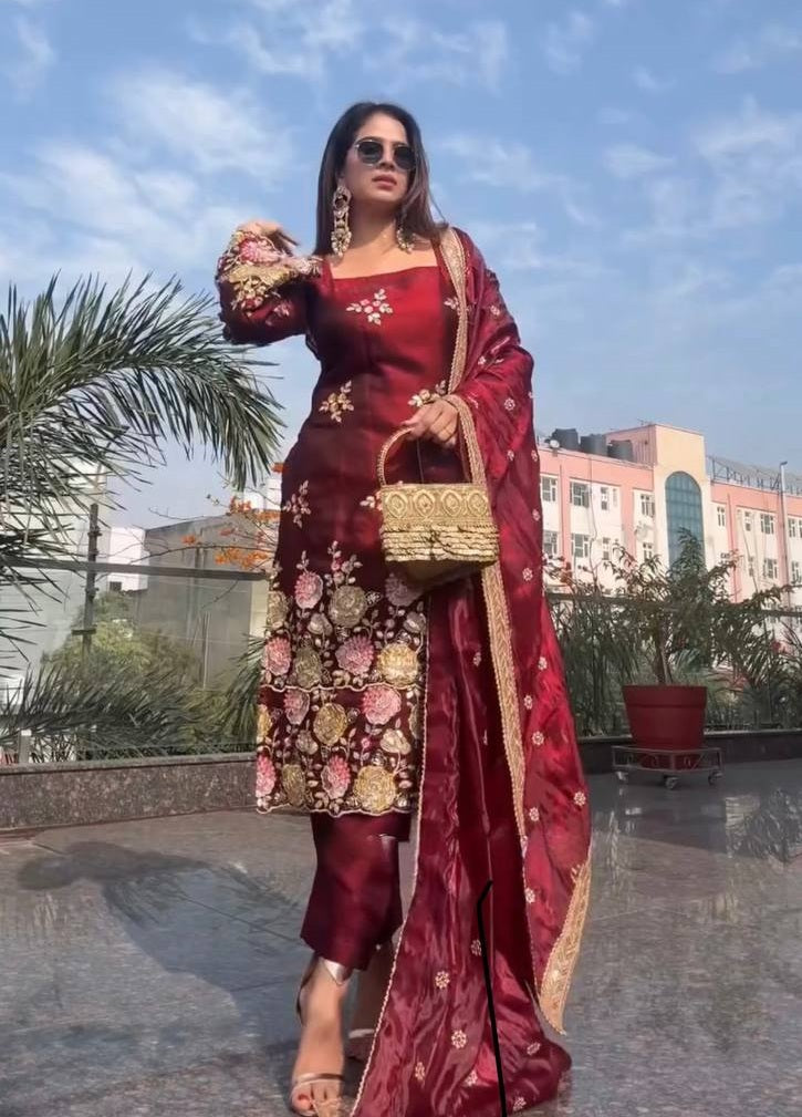 Elegant Maroon Color Embroidery Ready To Wear Palazzo Set