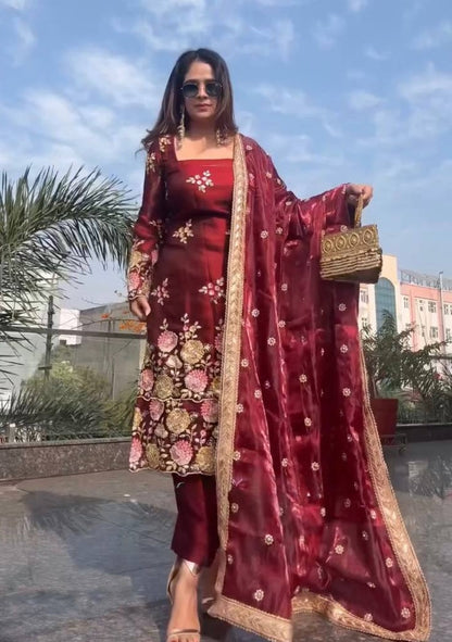 Elegant Maroon Color Embroidery Ready To Wear Palazzo Set