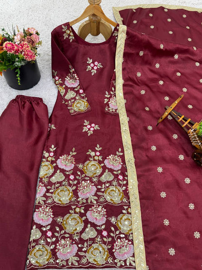 Elegant Maroon Color Embroidery Ready To Wear Palazzo Set