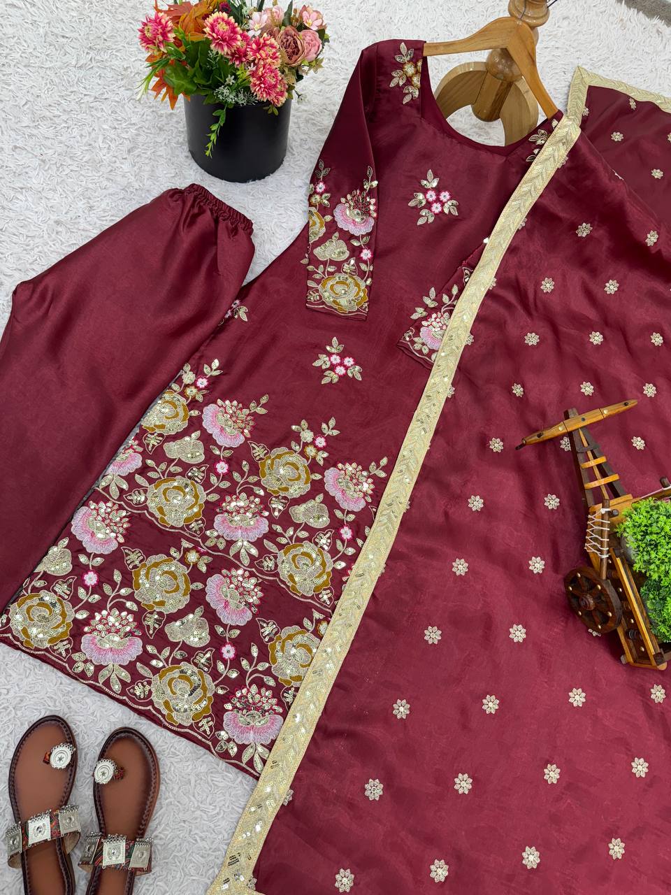 Elegant Maroon Color Embroidery Ready To Wear Palazzo Set