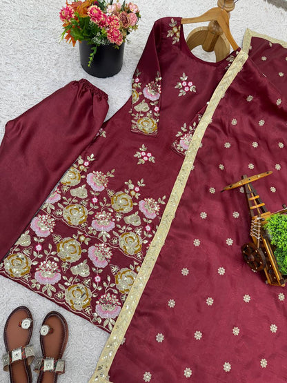 Elegant Maroon Color Embroidery Ready To Wear Palazzo Set