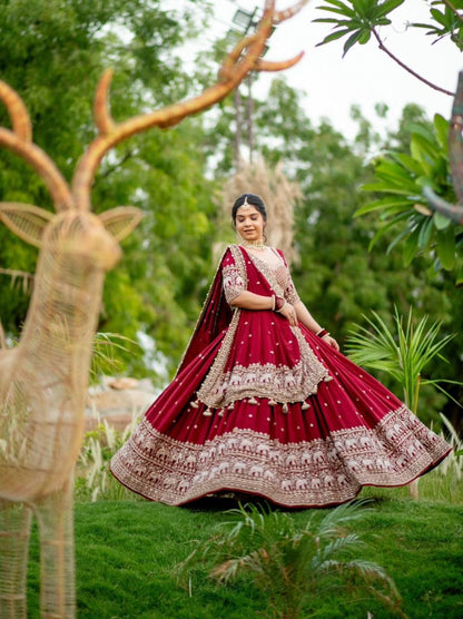Bridal Wear Maroon Color Fox Georgette Heavy Embroidery Thread Sequence Work Lehenga Choli