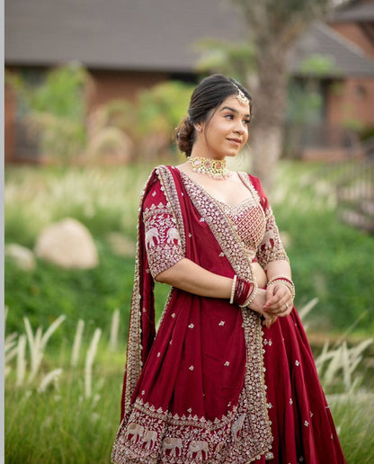 Bridal Wear Maroon Color Fox Georgette Heavy Embroidery Thread Sequence Work Lehenga Choli