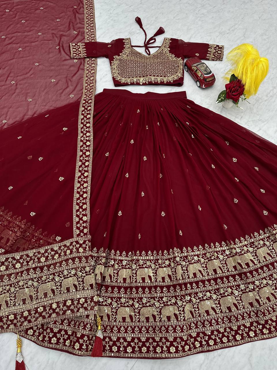 Bridal Wear Maroon Color Fox Georgette Heavy Embroidery Thread Sequence Work Lehenga Choli