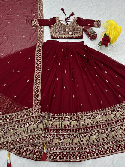 Bridal Wear Maroon Color Fox Georgette Heavy Embroidery Thread Sequence Work Lehenga Choli