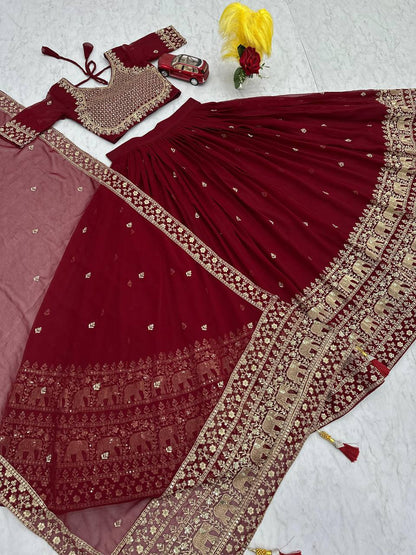 Bridal Wear Maroon Color Fox Georgette Heavy Embroidery Thread Sequence Work Lehenga Choli
