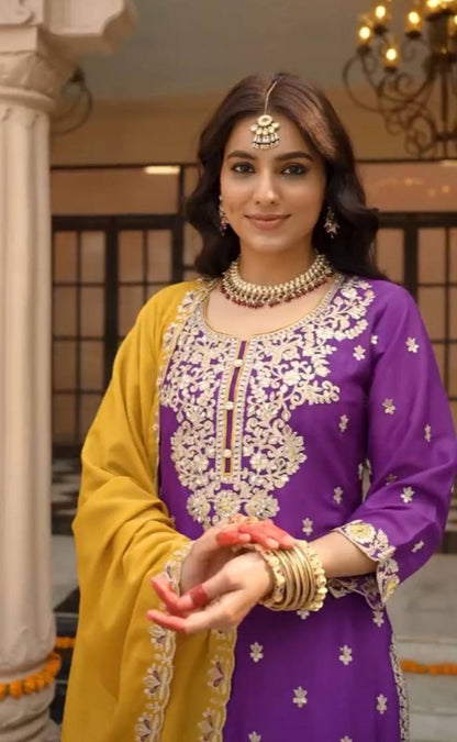 Wedding Wear Purple Color Vichitra Silk Heavy Embroidery Thread Work Palazzo Suit