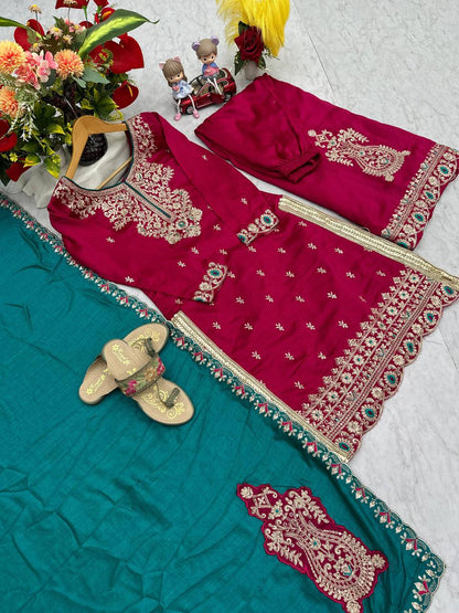 Wedding Wear Maroon Color Vichitra Silk Heavy Embroidery Thread Work Palazzo Suit