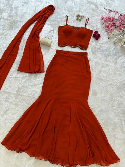 Elegant Orange Color Diamond Work Georgette Fish Cut Lehenga