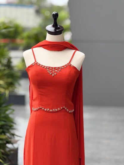 Elegant Orange Color Diamond Work Georgette Fish Cut Lehenga