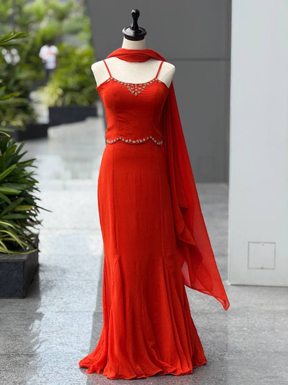 Elegant Orange Color Diamond Work Georgette Fish Cut Lehenga