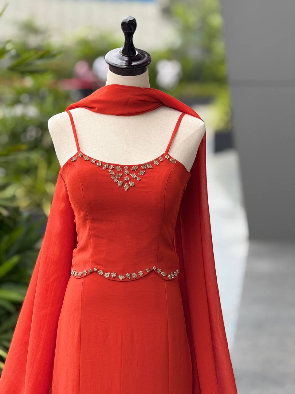 Elegant Orange Color Diamond Work Georgette Fish Cut Lehenga