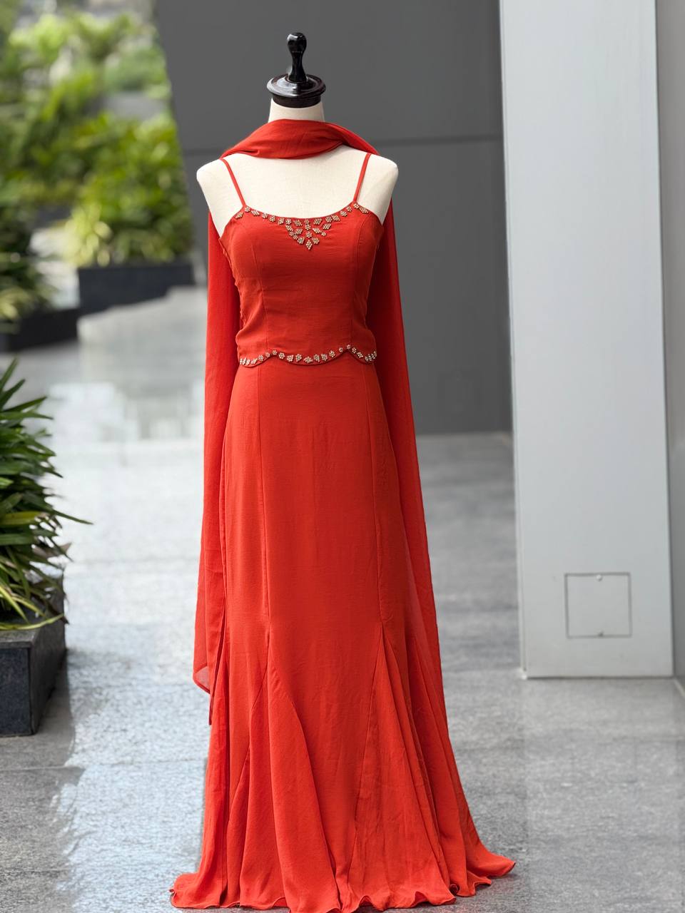Elegant Orange Color Diamond Work Georgette Fish Cut Lehenga