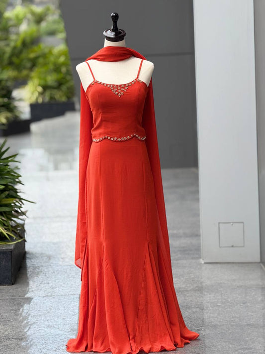 Elegant Orange Color Diamond Work Georgette Fish Cut Lehenga