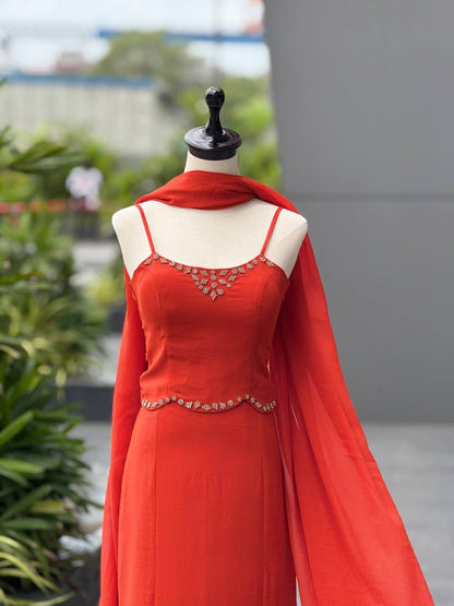 Elegant Orange Color Diamond Work Georgette Fish Cut Lehenga