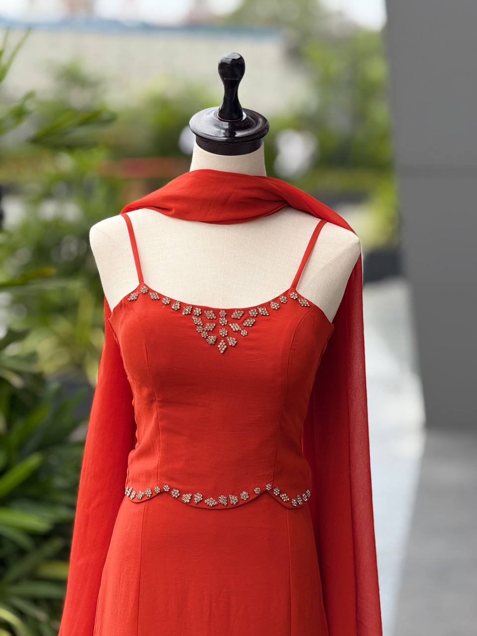 Elegant Orange Color Diamond Work Georgette Fish Cut Lehenga