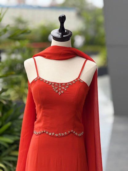 Elegant Orange Color Diamond Work Georgette Fish Cut Lehenga