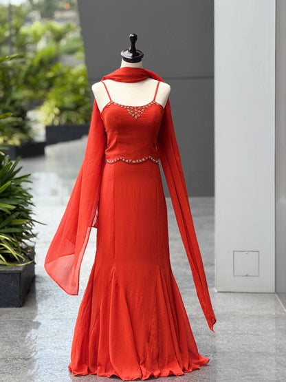 Elegant Orange Color Diamond Work Georgette Fish Cut Lehenga
