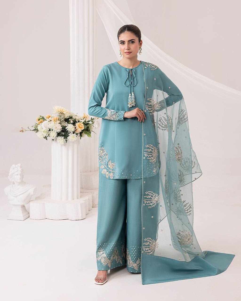 Glimmering Sky Blue Color Pure Natural Crepe With Embroidery Work Palazzo Suit