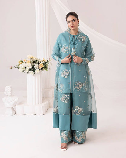 Glimmering Sky Blue Color Pure Natural Crepe With Embroidery Work Palazzo Suit