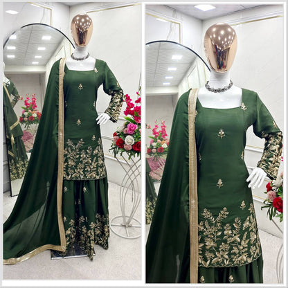 Occasion Wear Dark Green Color Pure Cinon Silk With Heavy Embroidery Sequence Work Sharara Suit