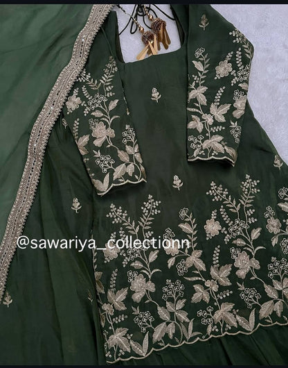 Occasion Wear Dark Green Color Pure Cinon Silk With Heavy Embroidery Sequence Work Sharara Suit