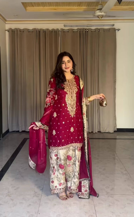 Festive Wear Maroon Color Embroidered Patiyala Salwar Suit