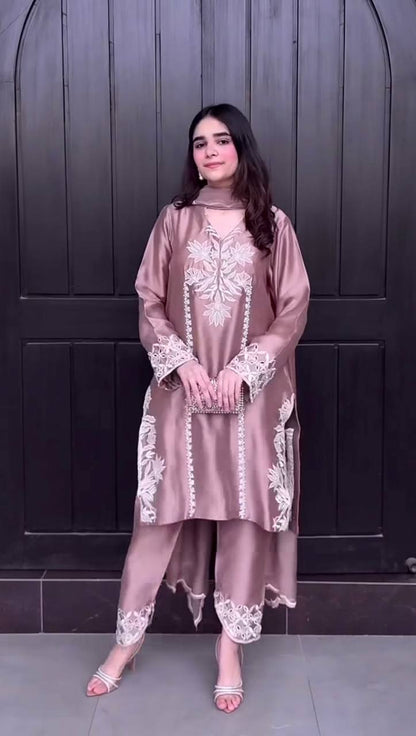Peach Color Crepe Silk Embroidered Top–Pant With Organza Dupatta Set