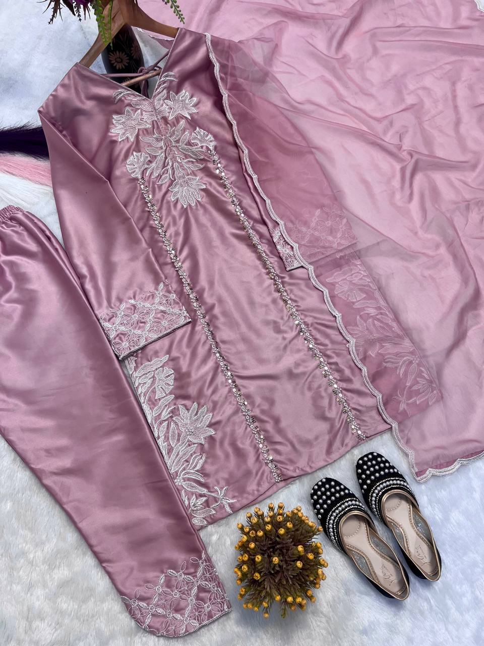 Peach Color Crepe Silk Embroidered Top–Pant With Organza Dupatta Set
