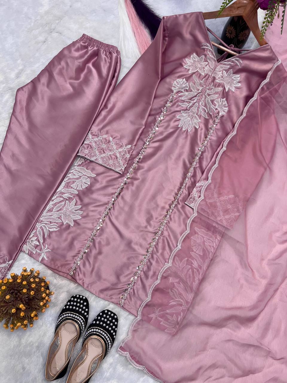 Peach Color Crepe Silk Embroidered Top–Pant With Organza Dupatta Set
