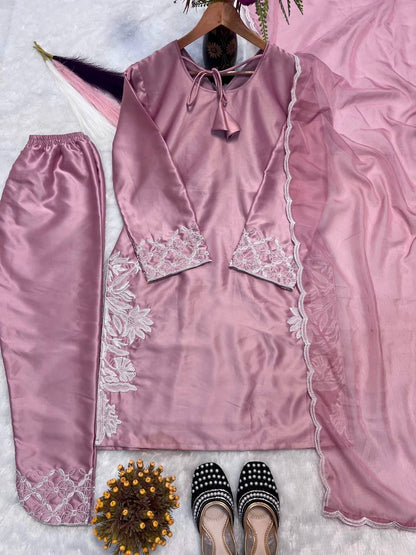 Peach Color Crepe Silk Embroidered Top–Pant With Organza Dupatta Set