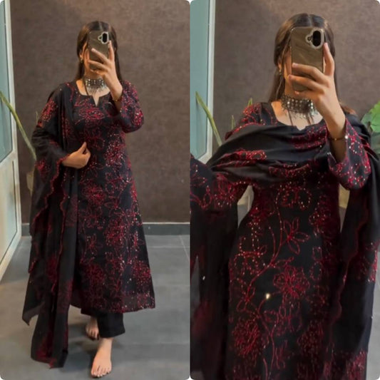 Exclusive Black Color Pure Roman Silk With Embroidery Sequence Work Salwar Suit