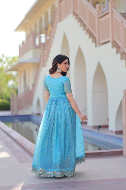 Party Wear Sky Blue Color Gold Crush With Multi Thread Embroidery Work