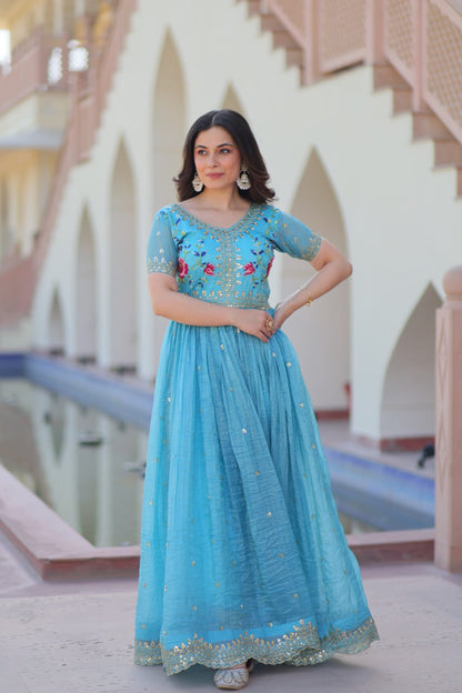 Party Wear Sky Blue Color Gold Crush With Multi Thread Embroidery Work
