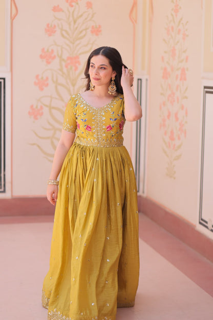 Party Wear Mustard Color Gold Crush With Multi Thread Embroidery Work