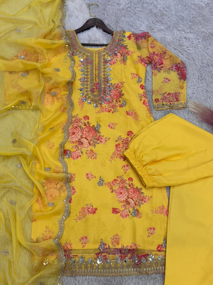 Flattering Sequence Heavy Stone Mirror Hand Work Yellow Color Palazzo Suit