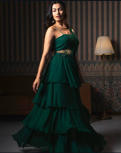 Alluring Green Color Heavy Georgette Designer Ready To Wear Lehenga Saree