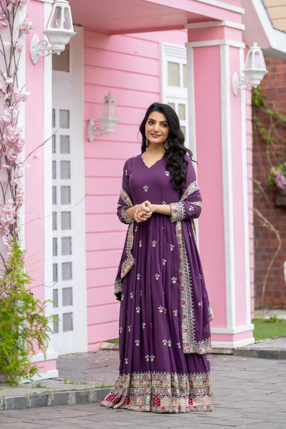 Party Wear Purple Color Faux Georgette With Full Heavy Embroidery Sequence Work Gown